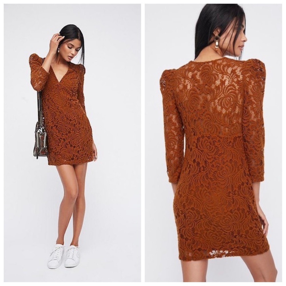 Free People Uber-Boho-Chic Full Lace Chestnut Brown Deep-V Date Night Mini Dress